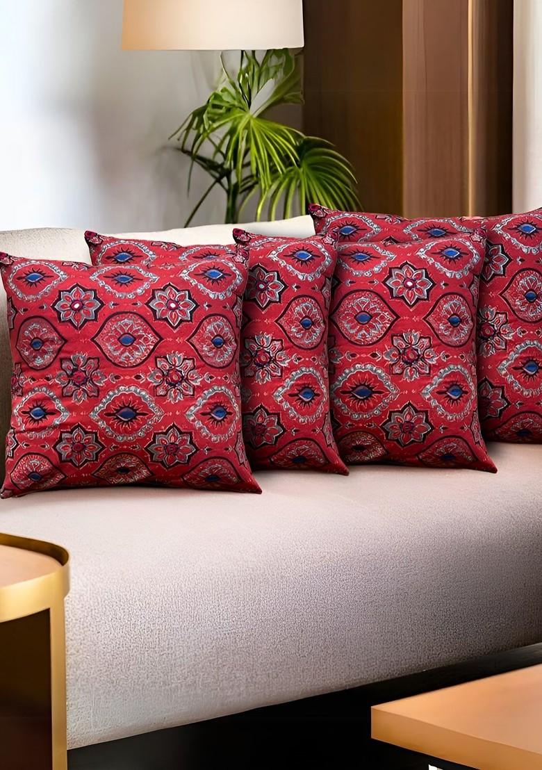 Red And Blue 4 Pieces Ethnic Motifs Embroidered Cotton Square Cushion Covers