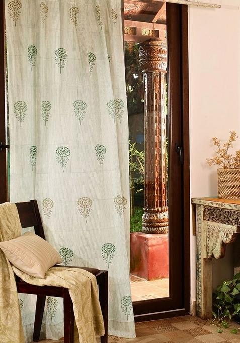 Beige And Green Floral Door Handblock Printed Cotton Curtain