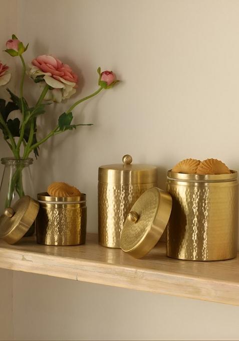 Gold Toned 3 Pieces Textured Brass Easy To Clean Containers