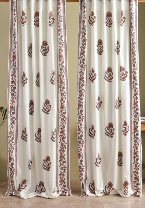 Set Of2 Cream And Red Floral Printed Cotton Sheer Door Curtain