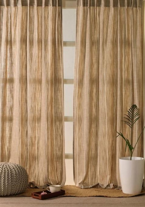 Set Of 2 Beige Sheer Door Handblock Printed Cotton Curtain