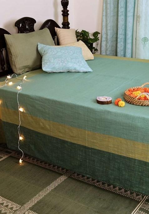 Teal Green And Yellow Pure Cotton Single Bed Cover