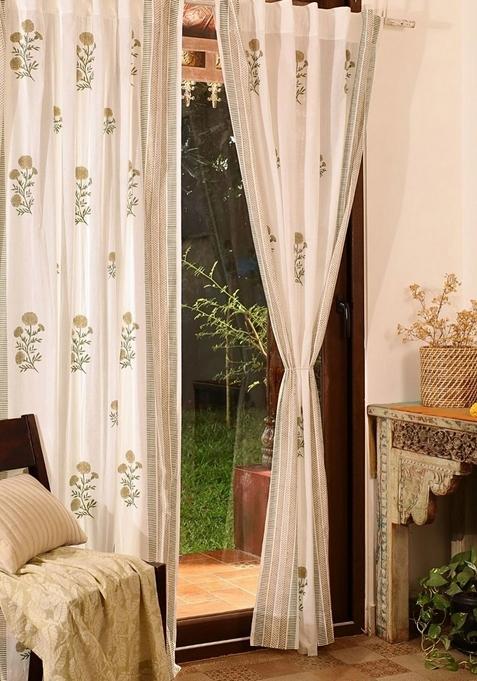 2 Pieces Olive Green Floral Printed Sheer Cotton Door Curtains