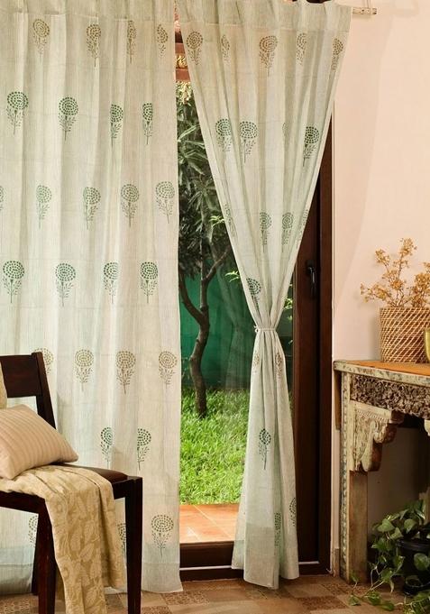 2 Pieces Teal Green Floral Printed Sheer Cotton Door Curtains