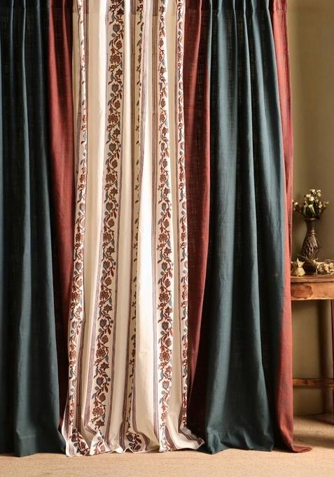 Set Of 3 Cream And Green Floral Sheer Cotton Door Curtain