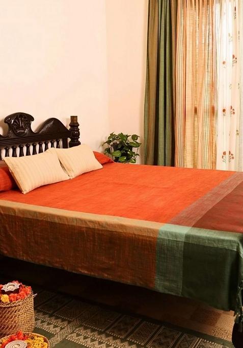 Rust And Green Pure Cotton Single Bed Cover