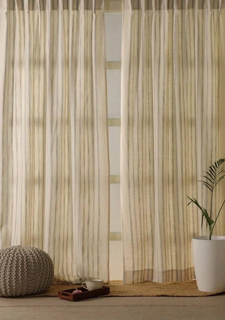 Off White And Charcoal Cotton Striped Long Door Curtain