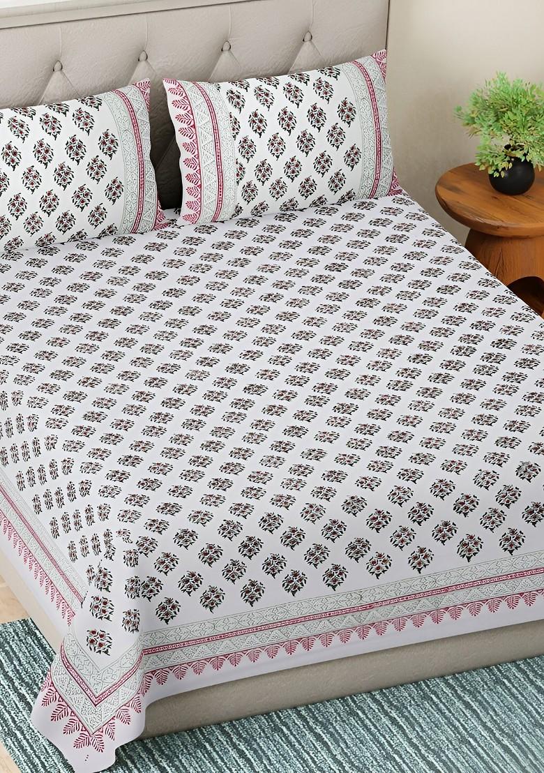 White And Green Floral Cotton 300 Tc King Bedsheet With 2 Pillow Covers
