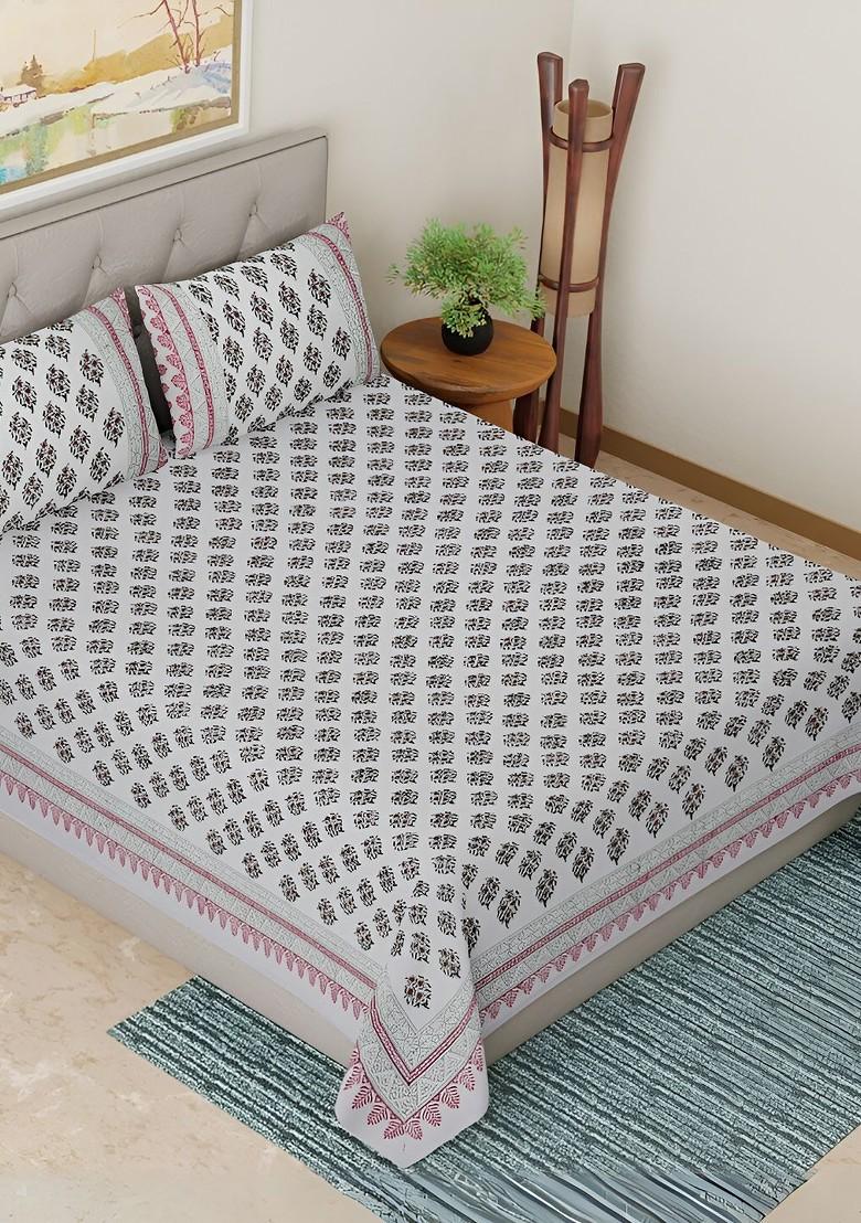 White And Green Floral Cotton 300 Tc King Bedsheet With 2 Pillow Covers