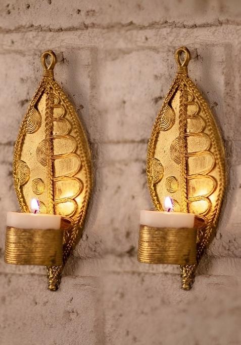 Gold Toned 2 Pieces Dhokra Brass Leaf Tealight Candle Holder