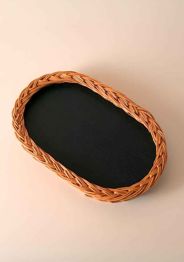 Brown And Black Wooden Textured Wicker Serving Tray