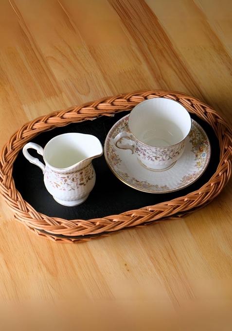 Brown And Black Wooden Textured Wicker Serving Tray