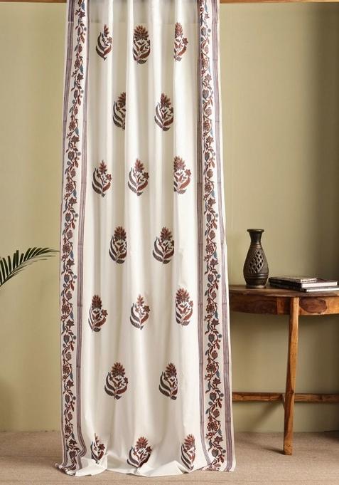 Chintz Cream And Brown Floral Printed Cotton Sheer Door Curtain