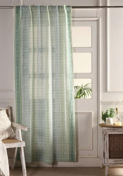Green And White Ethnic Motifs Printed Sheer Cotton Door Curtain