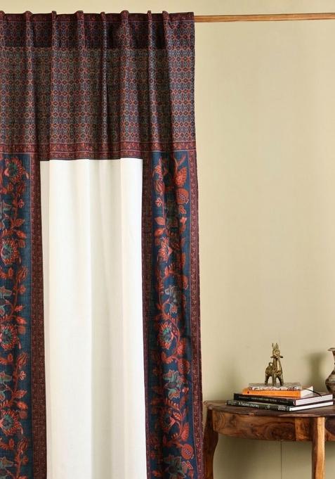 Cream And Maroon Floral Sheer Printed Cotton Door Curtain