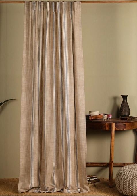Beige And White Striped Cotton Long Door Curtain 9Ft