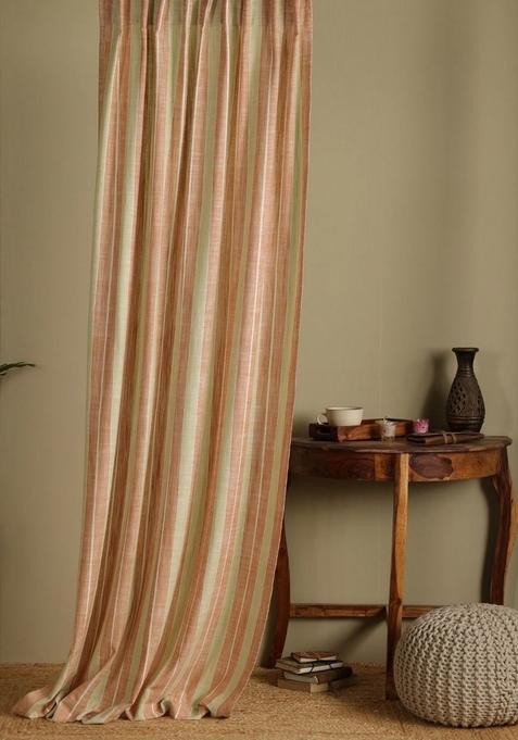 Rust Cotton Striped Sheer Long Door Curtain 9Ft
