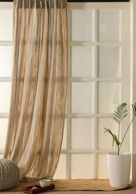 Beige And Blue Cotton Striped Sheer Door Curtain