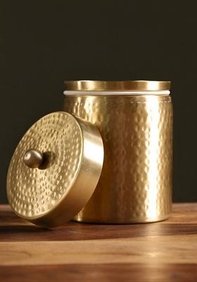 Gold Toned Textured Brass Easy To Clean Container With Lid