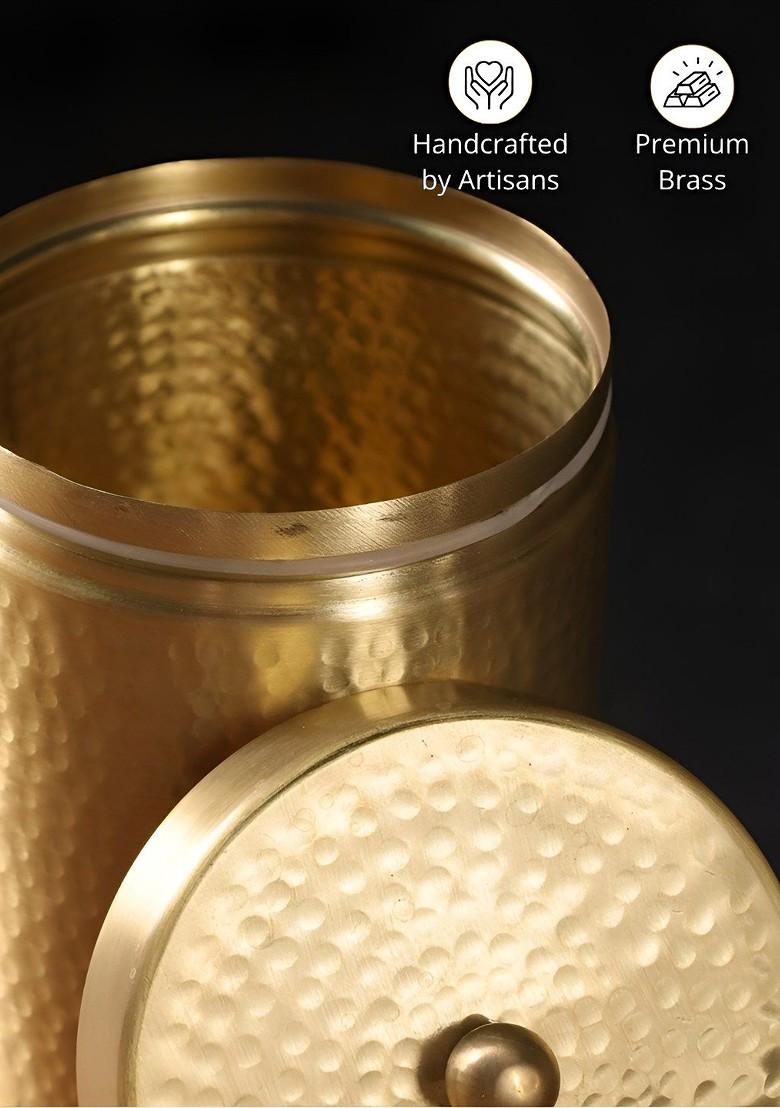 Gold Toned Textured Brass Easy To Clean Container With Lid