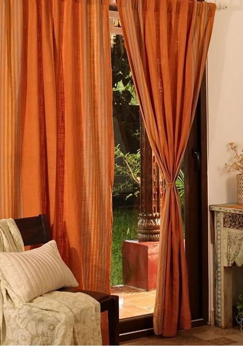 Set Of 2 Marigold Rust Sheer Pure Cotton Door Curtains