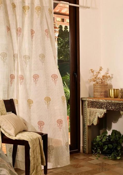 Rust And Mustard Yellow Floral Sheer Cotton Door Curtain