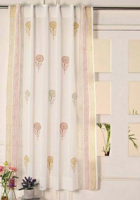 Off White And Rust Floral Sheer Cotton Window Curtain