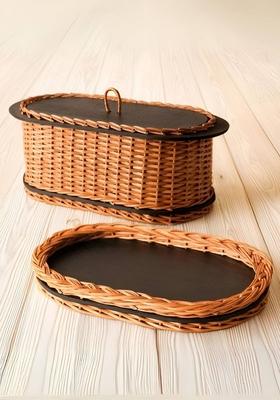 2Pcs Wicker Bread Box And Serving Tray Combo