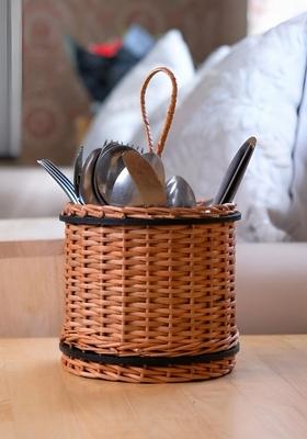 Brown And Black Wooden Textured Wicker Cutlery Holder