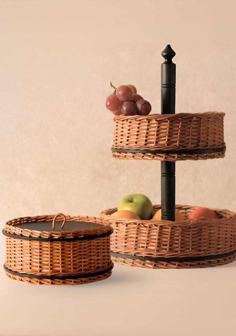 2Pcs Wicker Storage Box And Fruit Vegetable Storage Basket Combo