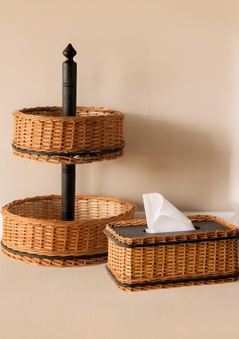 2Pcs Wicker Fruit Basket And Tissue Box Combo