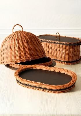 2Pcs Wicker Serving Platter With Lid And Bread Box Combo