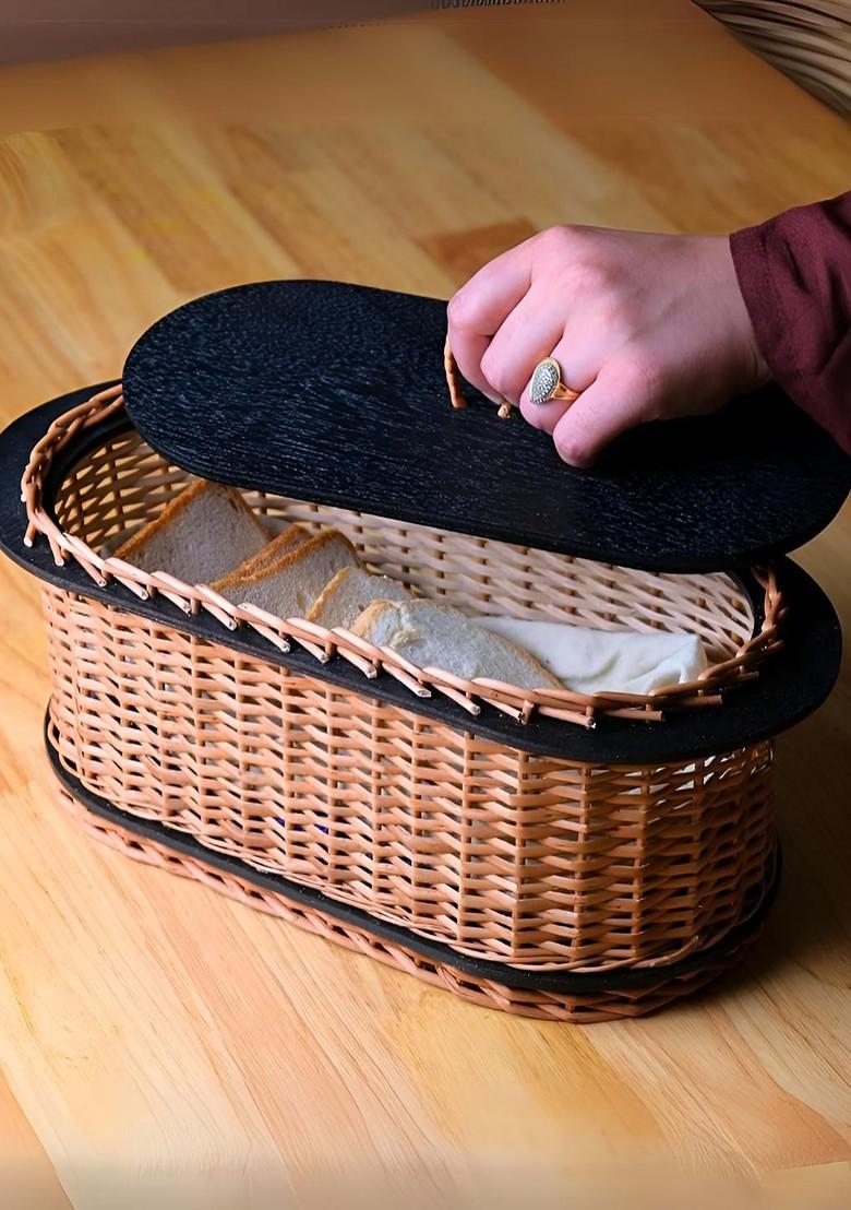2Pcs Wicker Serving Platter With Lid And Bread Box Combo