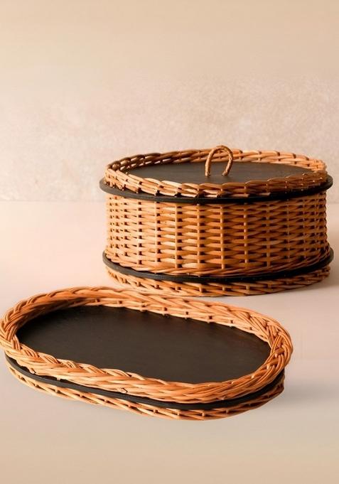 2Pcs Wicker Storage Box And Serving Tray Combo