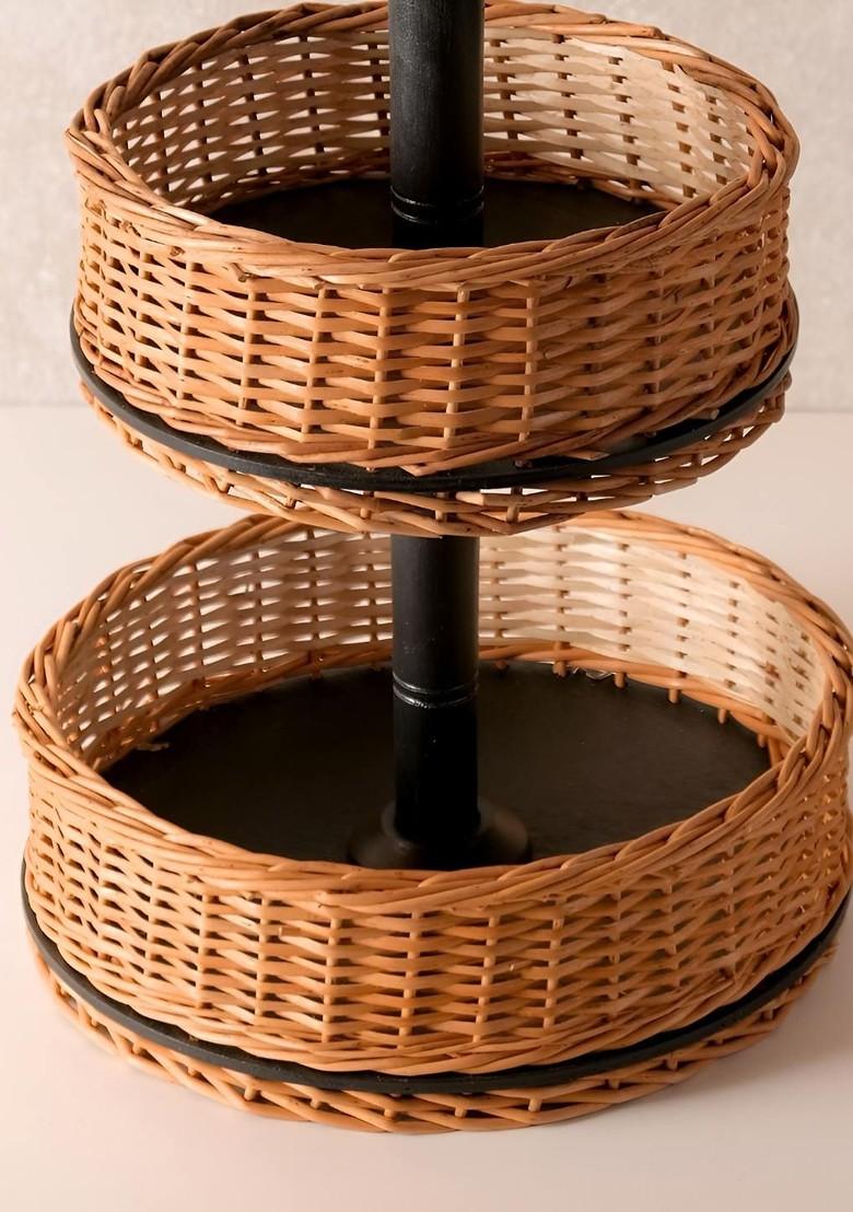 Brown And Black Textured Wicker Fruit And Vegetable 2 Tier Basket