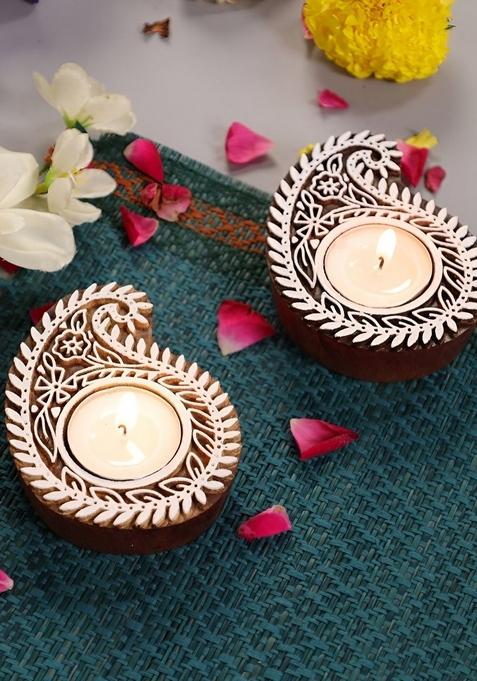 White And Brown 2 Pieces Wooden Diyas