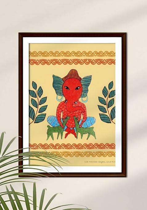 Beige And Orange Art Of Forest Ganesha Religious Wall Art