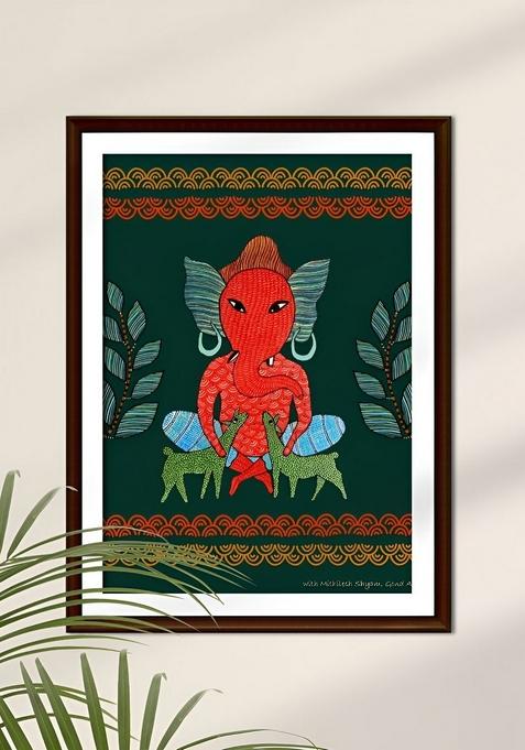 Green And Orange Art Of Forest Ganesha Religious Wall Art