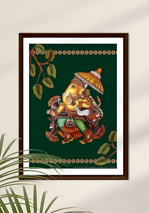Green And Yellow Mural Ganesha Religious Wall Art