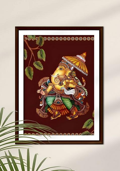 Maroon And Yellow Mural Ganesha Religious Wall Art