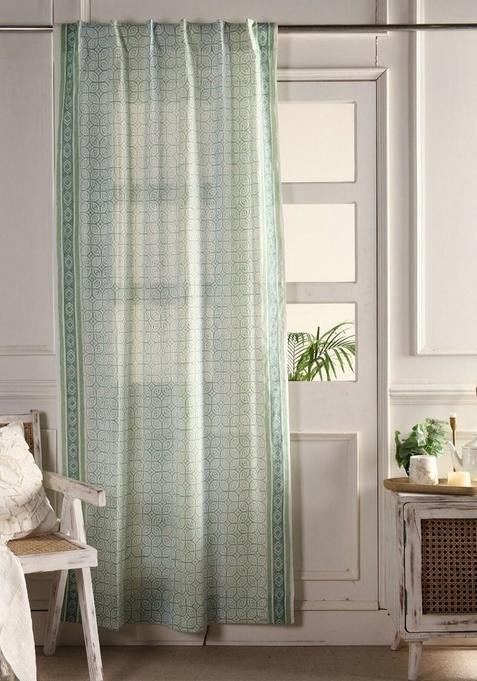 2 Pieces Green And Blue Floral Cotton Window Curtain