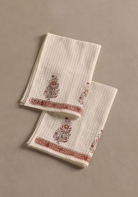2 Pcs Block Printed Cotton Hand And Bath Waffle Towel Set
