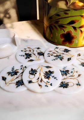 Set Of 6 White And Blue Floral Printed Round Marble Coasters