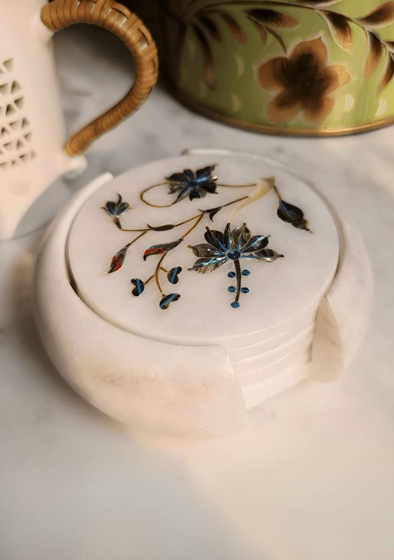 Set Of 6 White And Blue Floral Printed Round Marble Coasters