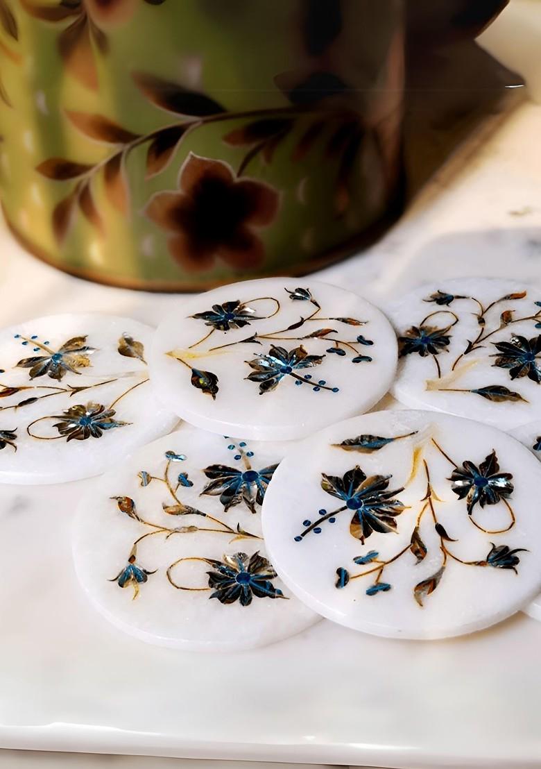 Set Of 6 White And Blue Floral Printed Round Marble Coasters