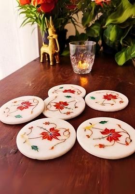 Set Of 6 White And Red Floral Printed Round Marble Coasters