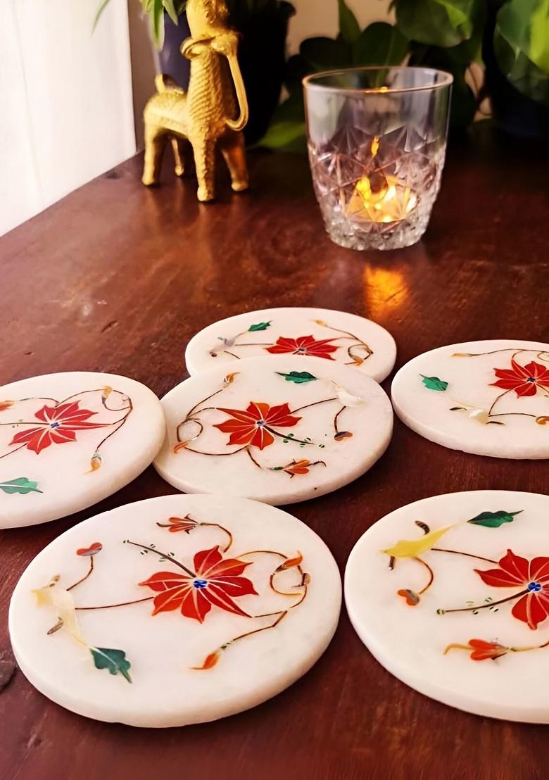 Set Of 6 White And Red Floral Printed Round Marble Coasters