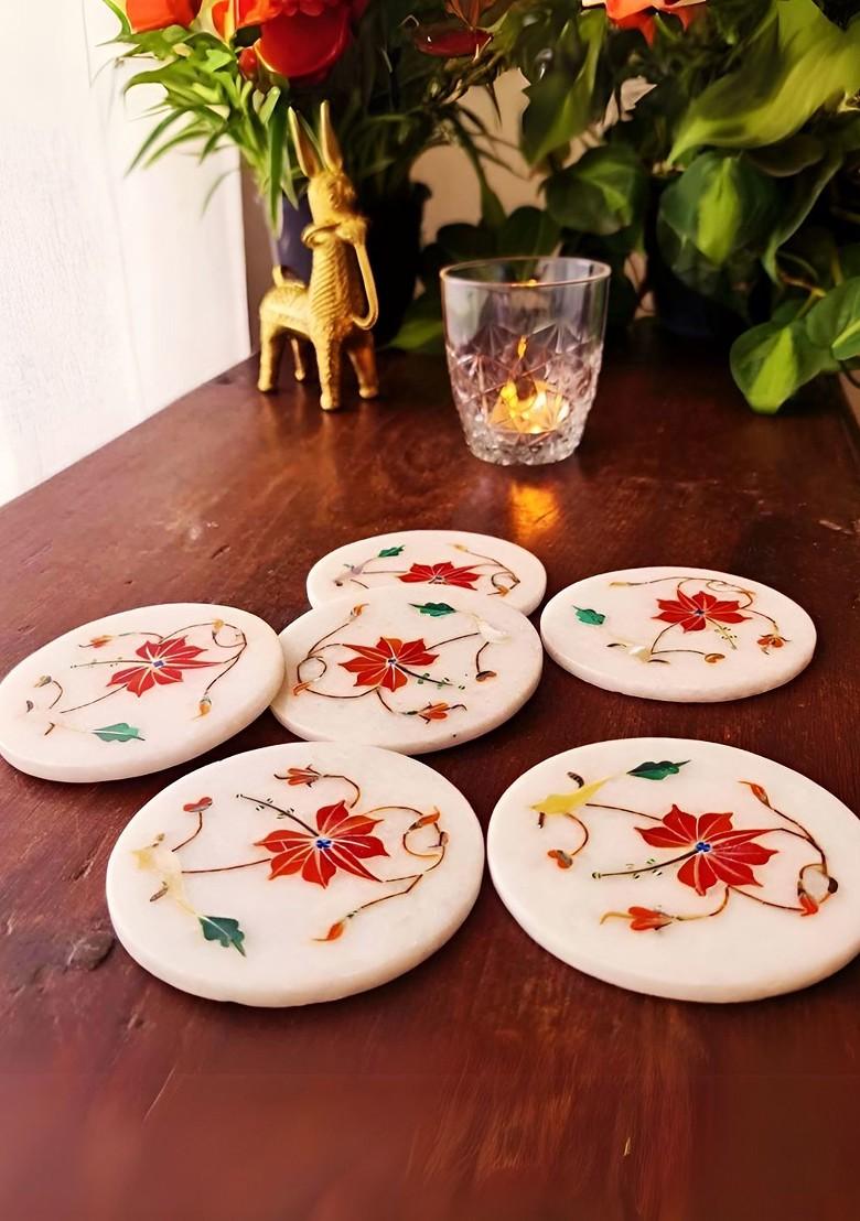 Set Of 6 White And Red Floral Printed Round Marble Coasters