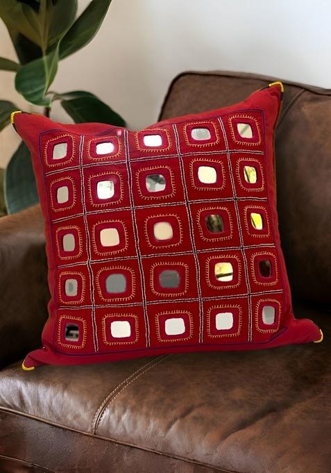 Red Geometric Embroidered Cotton Square Cushion Cover