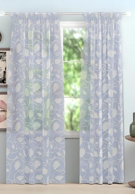 2 Pieces White And Blue Floral Cotton Window Curtain